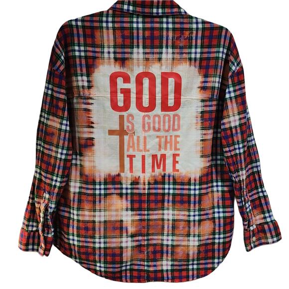God Is Good All The Time Custom Christian Upcycled Plaid Shirt, Women's S - Picture 5 of 5